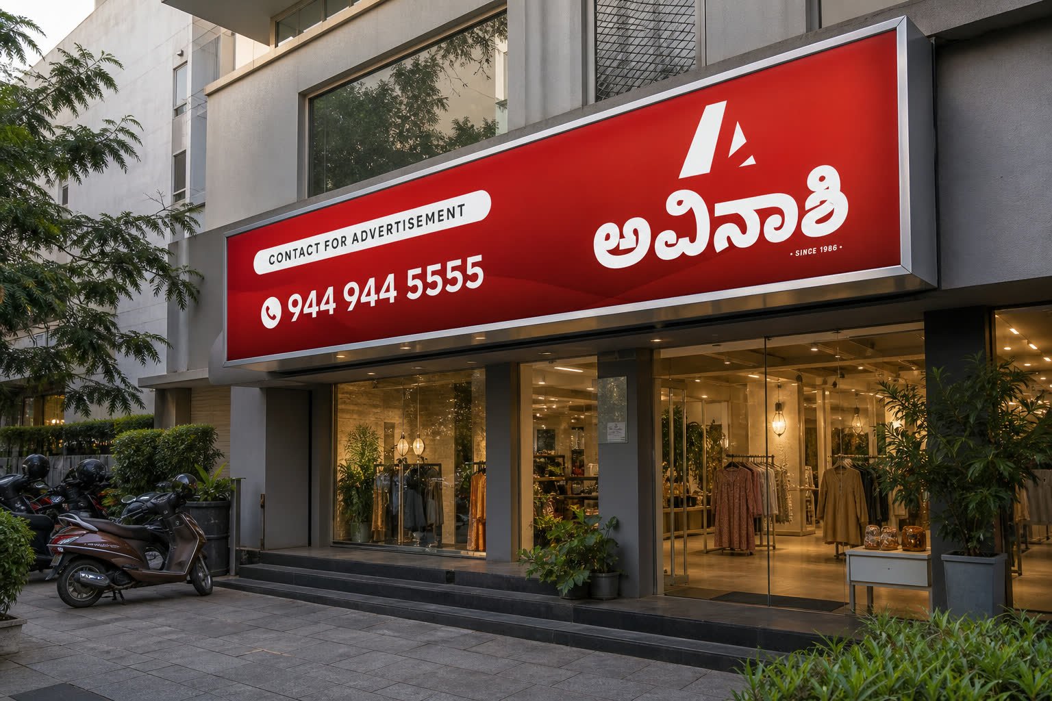 Avinashi Ads glow sign storefront in Bengaluru during the day