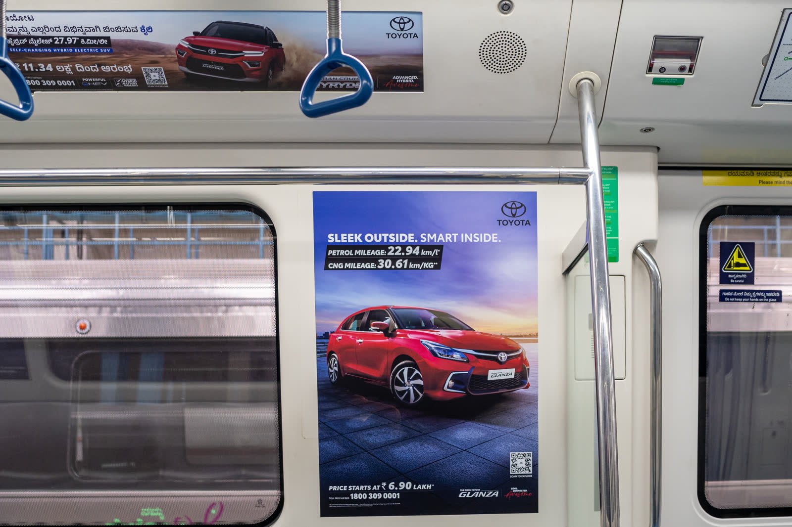 Advertising panels inside a Namma Metro carriage