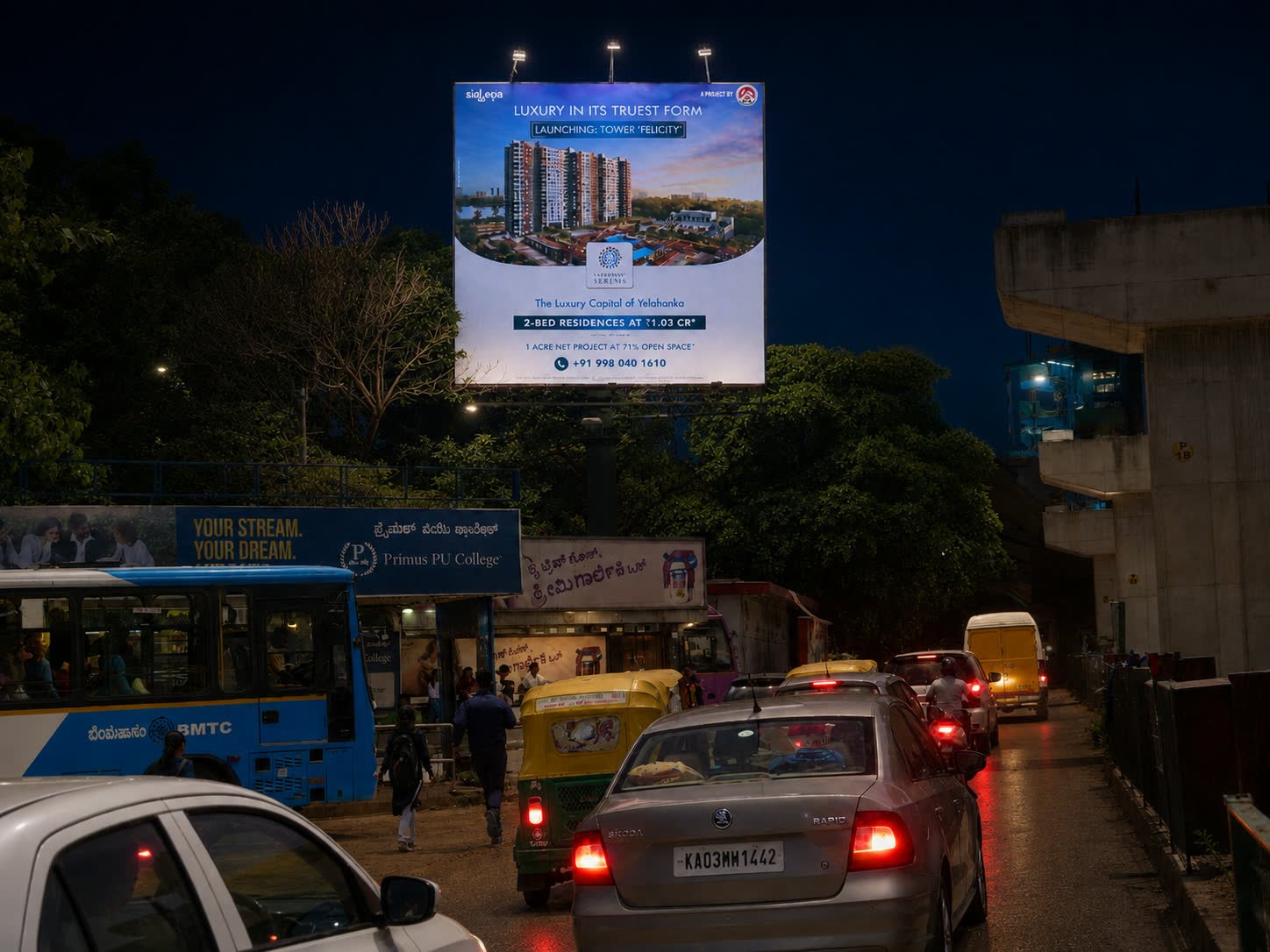 Yelahanka NES Bus Stop Unipole at Night